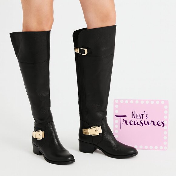 Vince Camuto BOCCA Black Leather Buckles Zip Over Knee The Riding Boots Sz 6.5 - Picture 1 of 7
